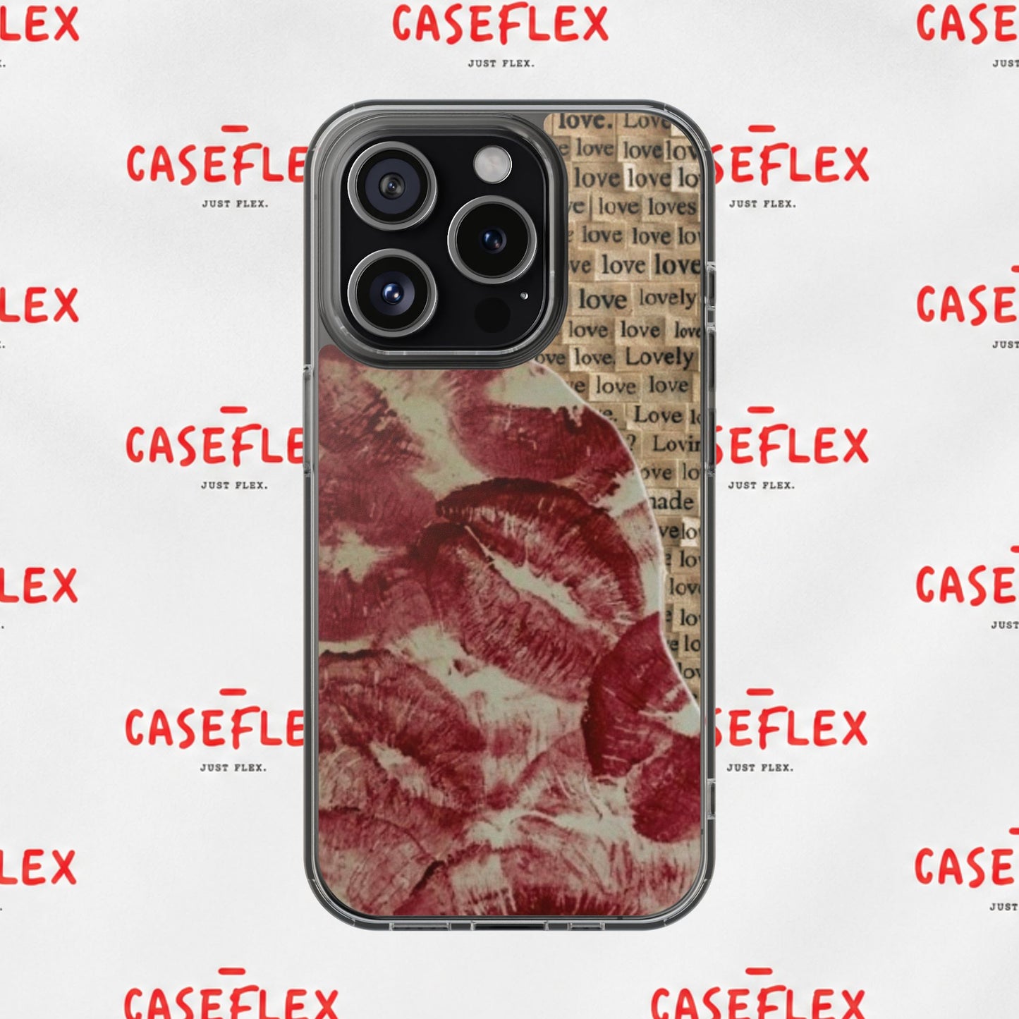 Phone Case — Vintage Red Kiss Lip Print with "love" Typewriter Background