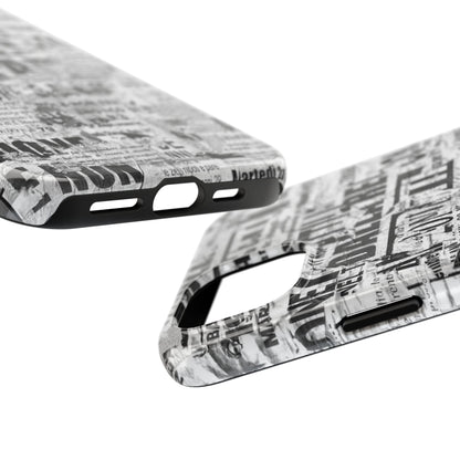 Newspaper Collage Tough Phone Case — Vintage Black & White Typography Protective Cover