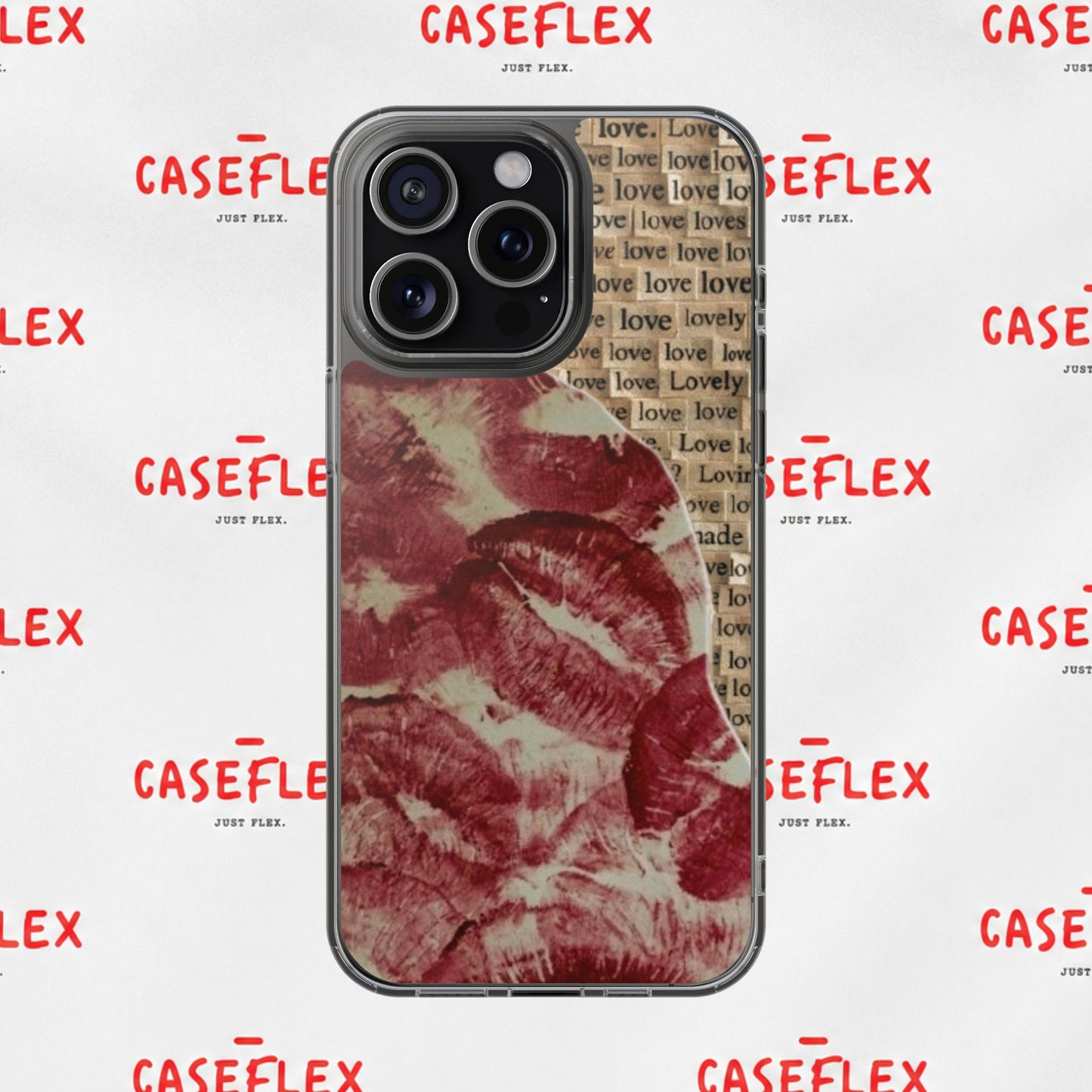 Phone Case — Vintage Red Kiss Lip Print with "love" Typewriter Background