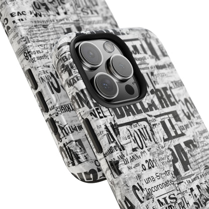 Newspaper Collage Tough Phone Case — Vintage Black & White Typography Protective Cover