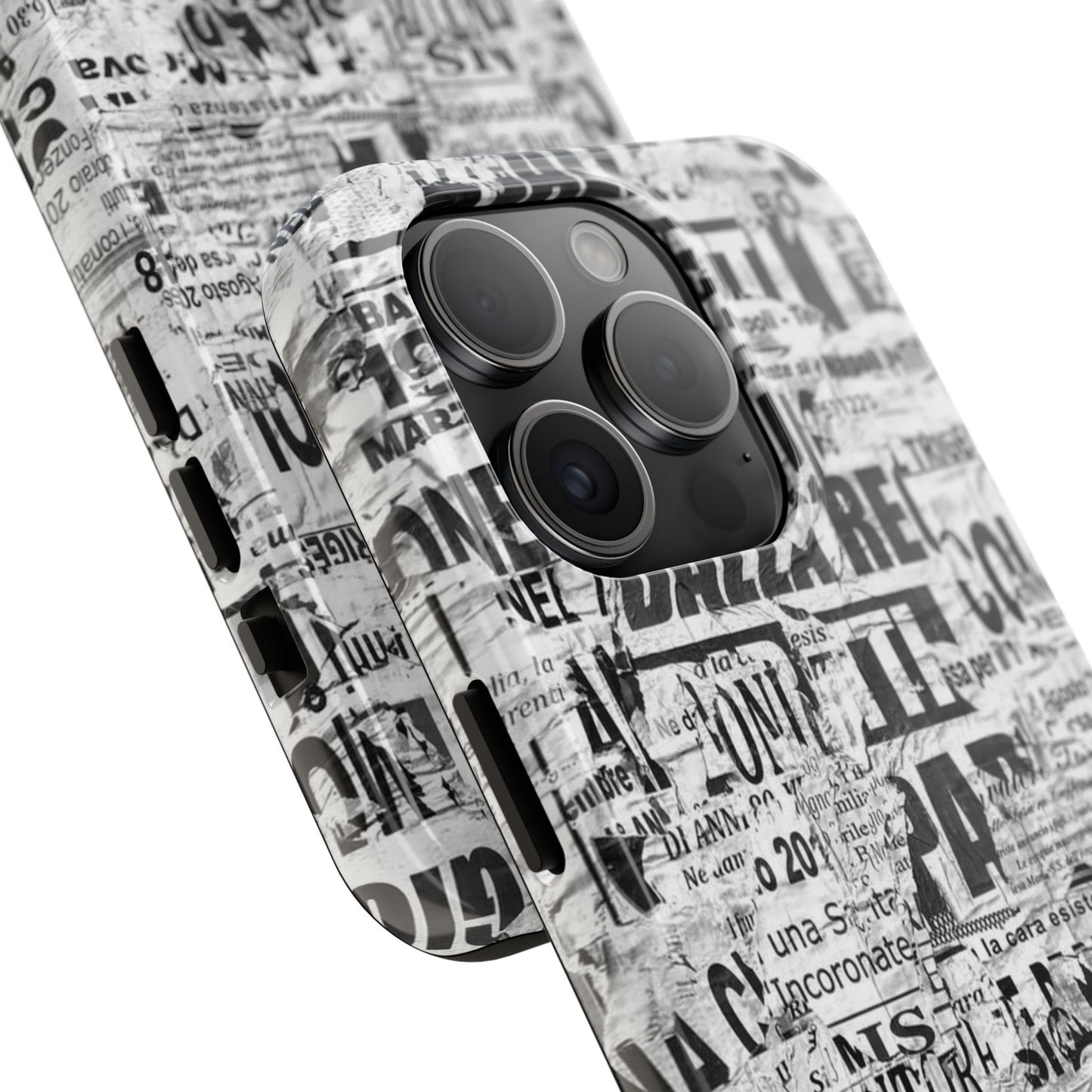 Newspaper Collage Tough Phone Case — Vintage Black & White Typography Protective Cover