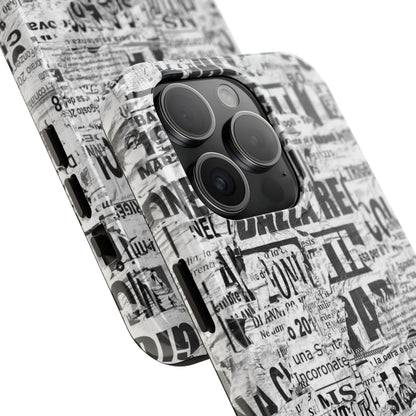 Newspaper Collage Tough Phone Case — Vintage Black & White Typography Protective Cover