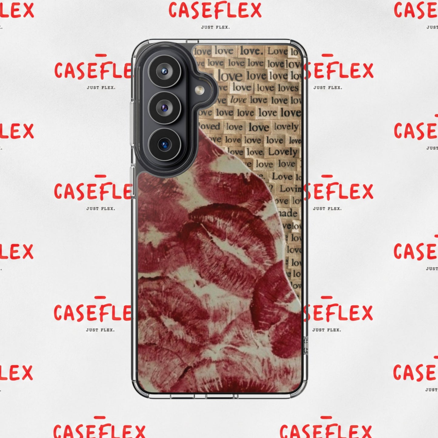 Phone Case — Vintage Red Kiss Lip Print with "love" Typewriter Background