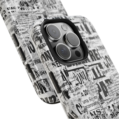 Newspaper Collage Tough Phone Case — Vintage Black & White Typography Protective Cover