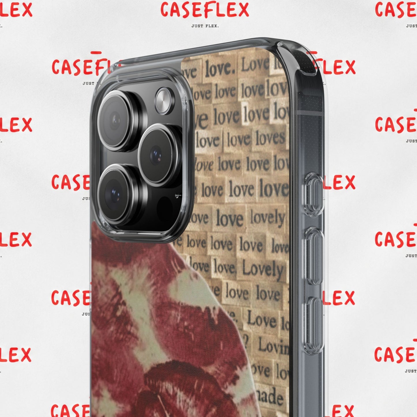 Phone Case — Vintage Red Kiss Lip Print with "love" Typewriter Background