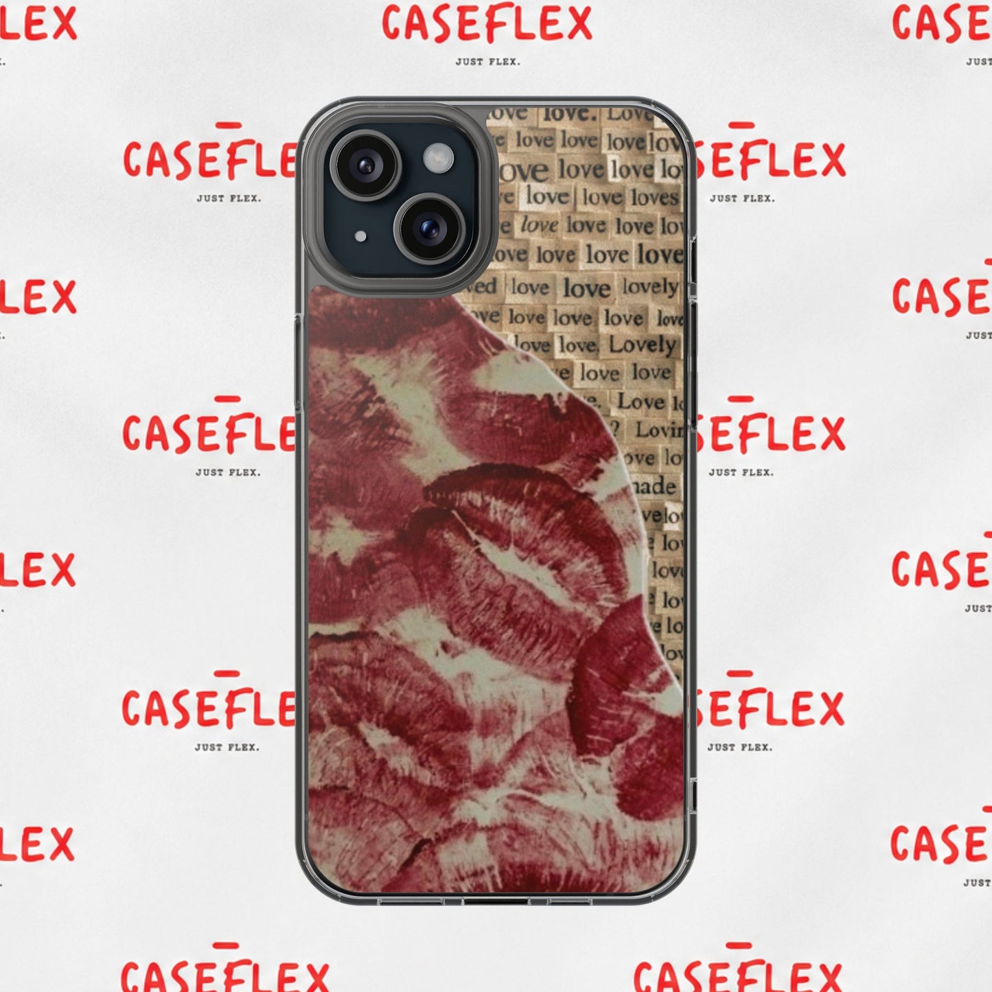 Phone Case — Vintage Red Kiss Lip Print with "love" Typewriter Background