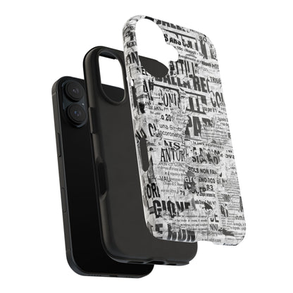 Newspaper Collage Tough Phone Case — Vintage Black & White Typography Protective Cover