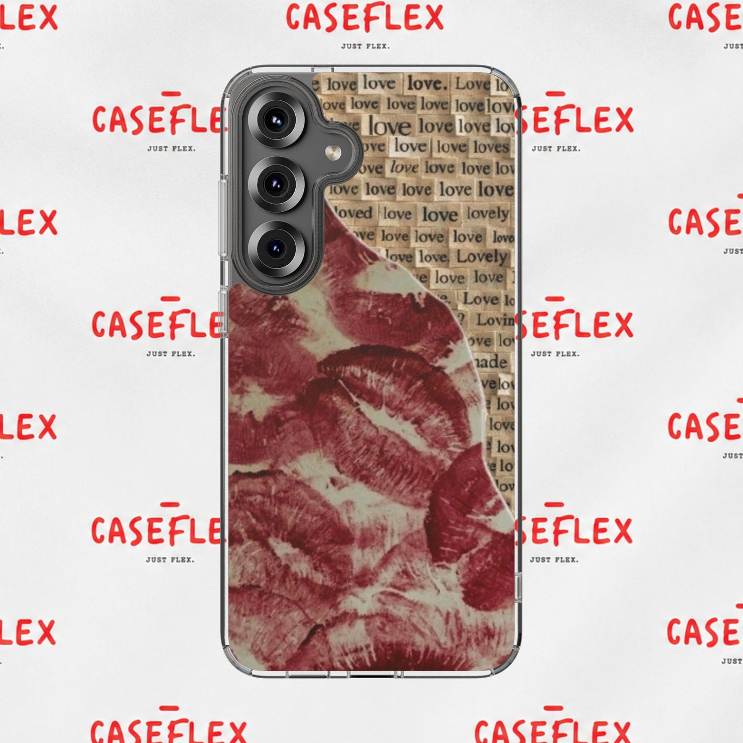 Phone Case — Vintage Red Kiss Lip Print with "love" Typewriter Background