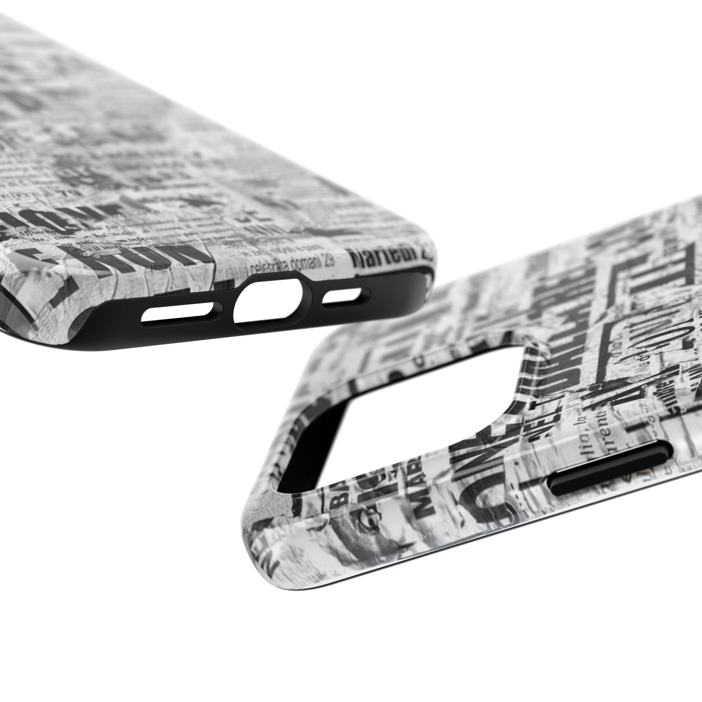 Newspaper Collage Tough Phone Case — Vintage Black & White Typography Protective Cover