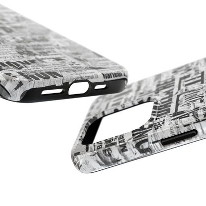 Newspaper Collage Tough Phone Case — Vintage Black & White Typography Protective Cover