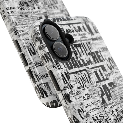 Newspaper Collage Tough Phone Case — Vintage Black & White Typography Protective Cover