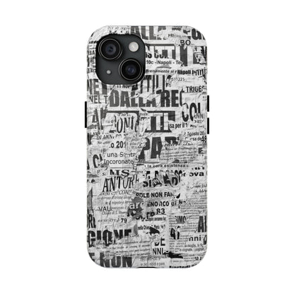 Newspaper Collage Tough Phone Case — Vintage Black & White Typography Protective Cover
