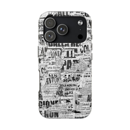 Newspaper Collage Tough Phone Case — Vintage Black & White Typography Protective Cover