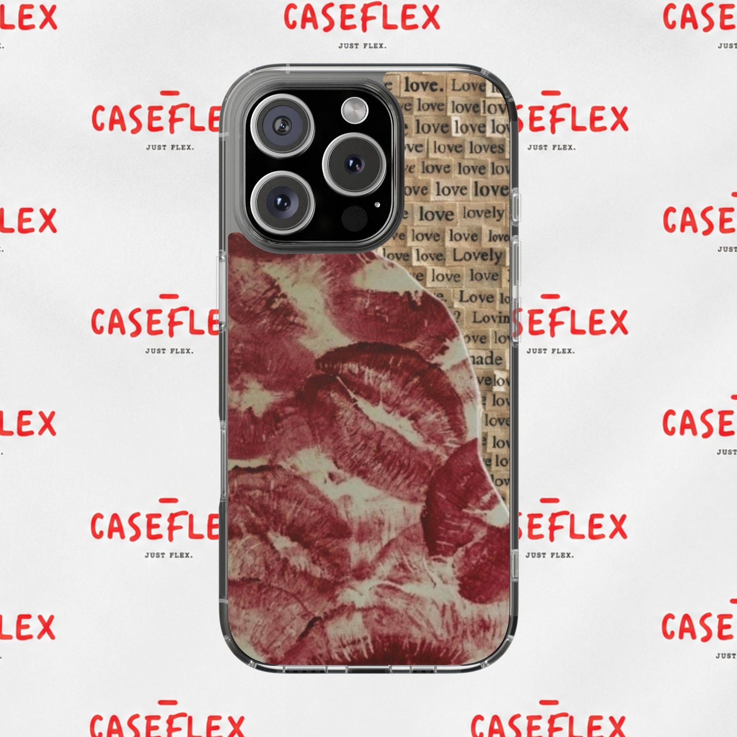 Phone Case — Vintage Red Kiss Lip Print with "love" Typewriter Background