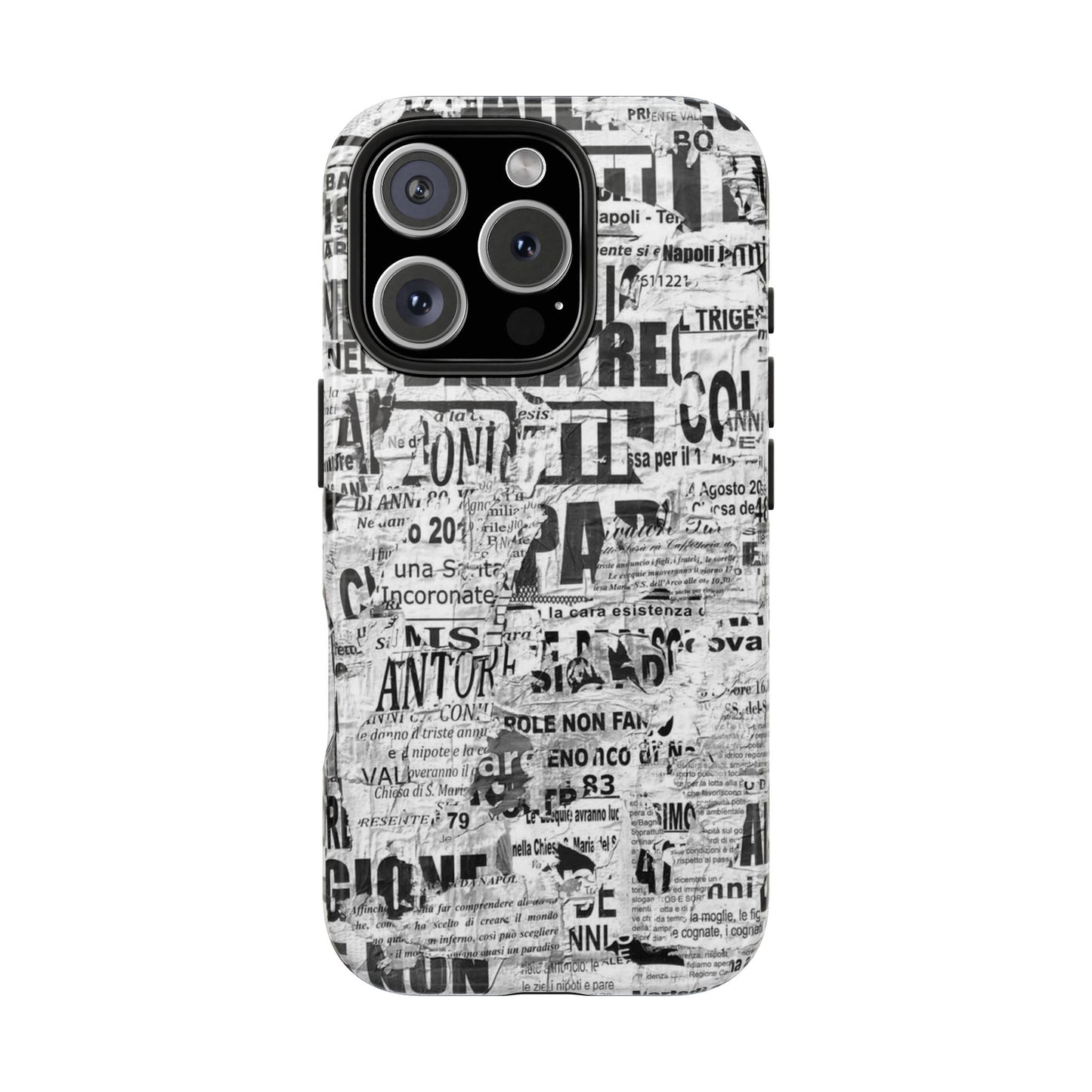 Newspaper Collage Tough Phone Case — Vintage Black & White Typography Protective Cover