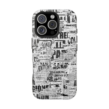 Newspaper Collage Tough Phone Case — Vintage Black & White Typography Protective Cover