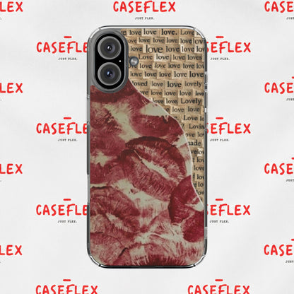 Phone Case — Vintage Red Kiss Lip Print with "love" Typewriter Background