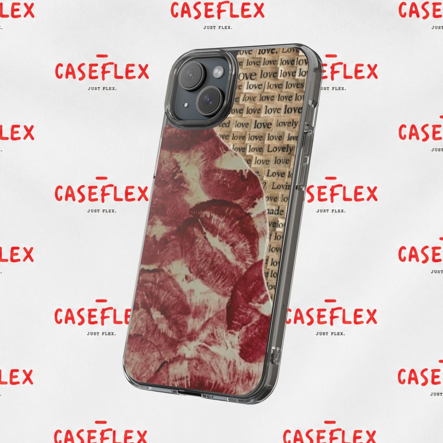 Phone Case — Vintage Red Kiss Lip Print with "love" Typewriter Background