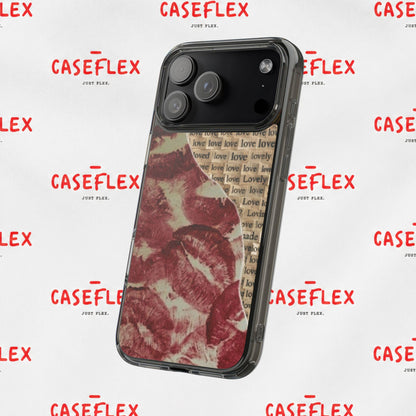 Phone Case — Vintage Red Kiss Lip Print with "love" Typewriter Background