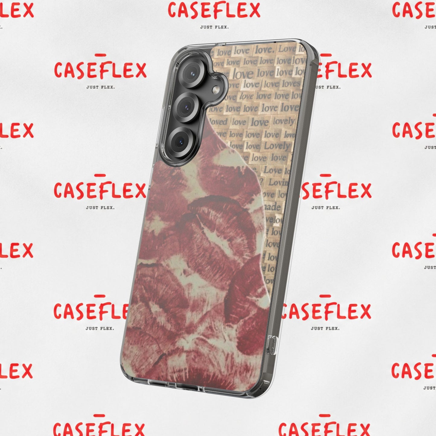Phone Case — Vintage Red Kiss Lip Print with "love" Typewriter Background
