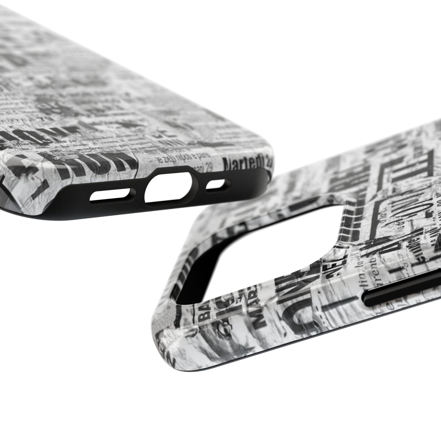 Newspaper Collage Tough Phone Case — Vintage Black & White Typography Protective Cover