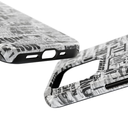 Newspaper Collage Tough Phone Case — Vintage Black & White Typography Protective Cover
