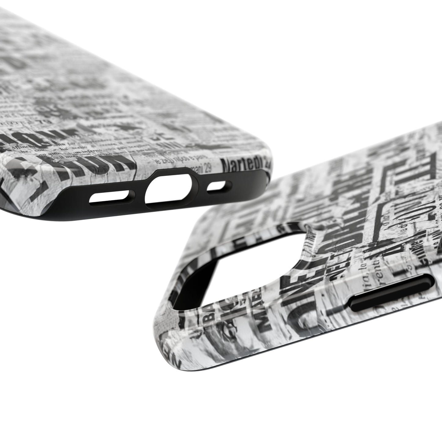 Newspaper Collage Tough Phone Case — Vintage Black & White Typography Protective Cover