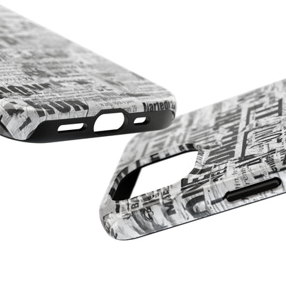 Newspaper Collage Tough Phone Case — Vintage Black & White Typography Protective Cover