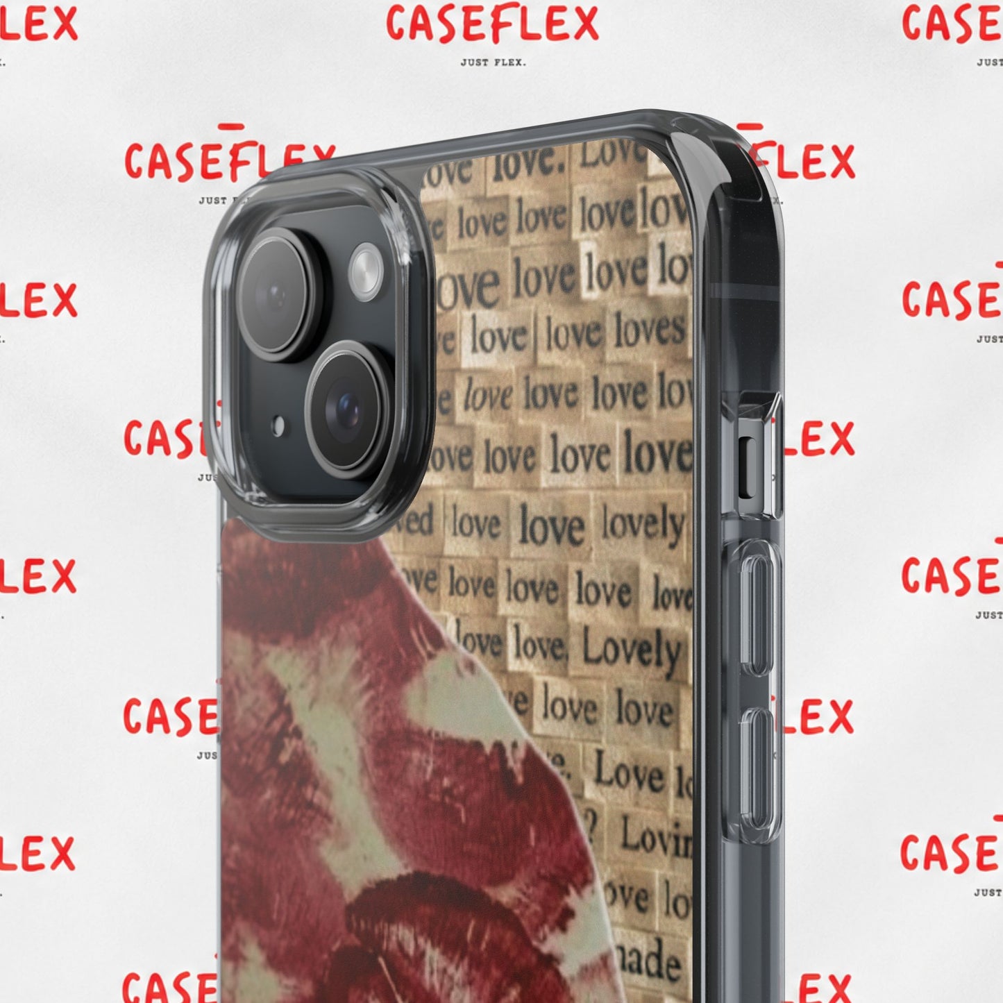 Phone Case — Vintage Red Kiss Lip Print with "love" Typewriter Background