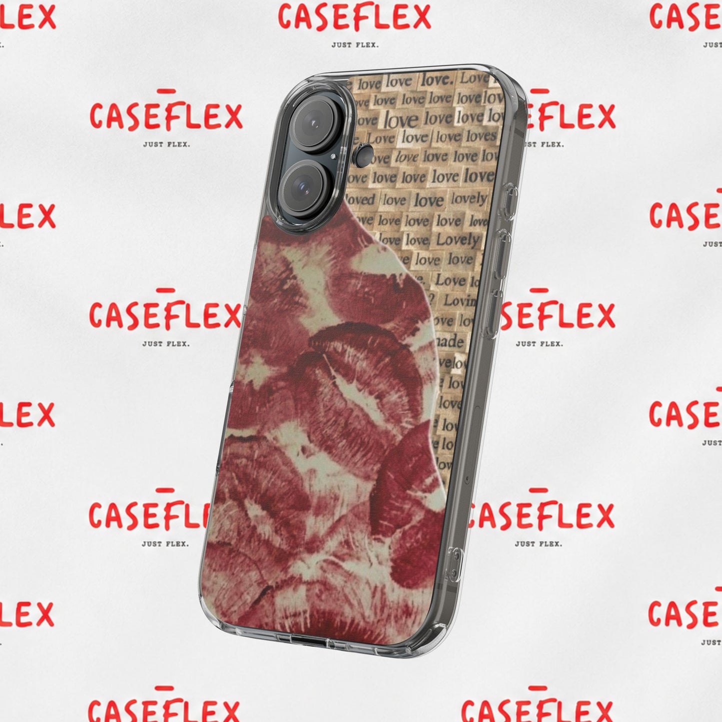 Phone Case — Vintage Red Kiss Lip Print with "love" Typewriter Background