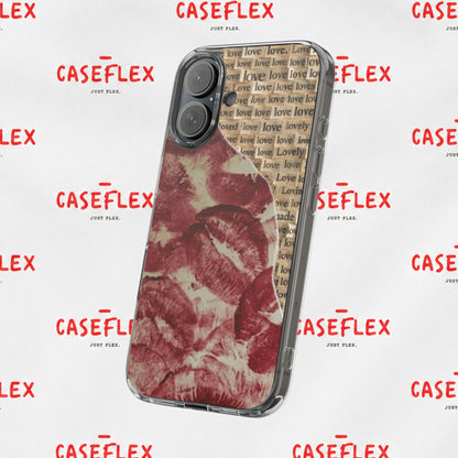 Phone Case — Vintage Red Kiss Lip Print with "love" Typewriter Background