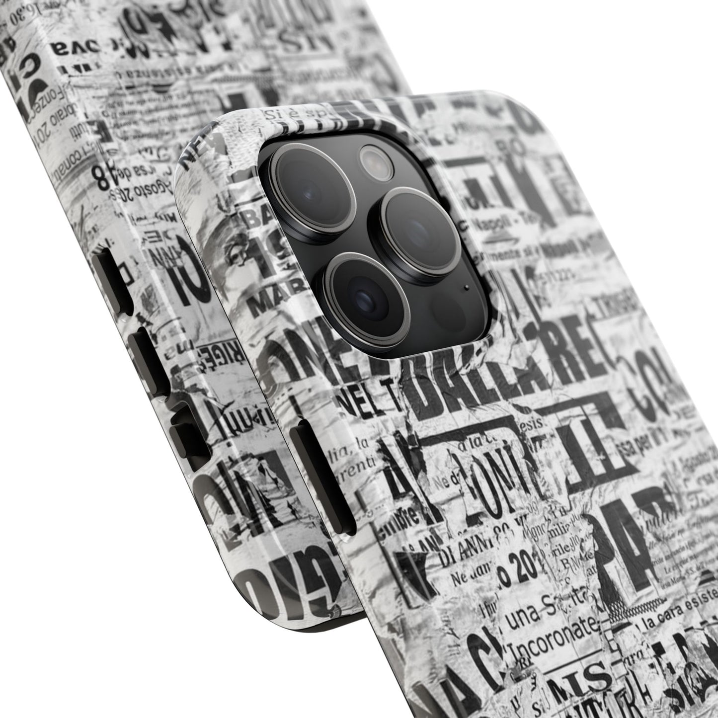 Newspaper Collage Tough Phone Case — Vintage Black & White Typography Protective Cover
