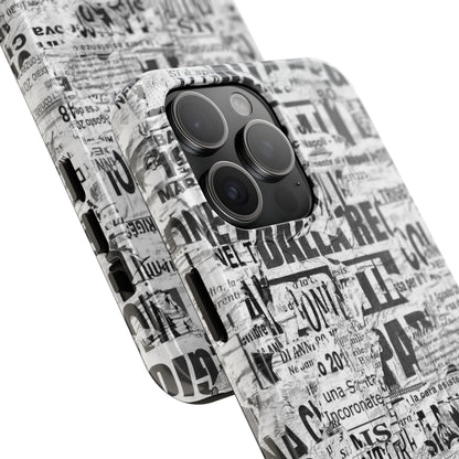 Newspaper Collage Tough Phone Case — Vintage Black & White Typography Protective Cover