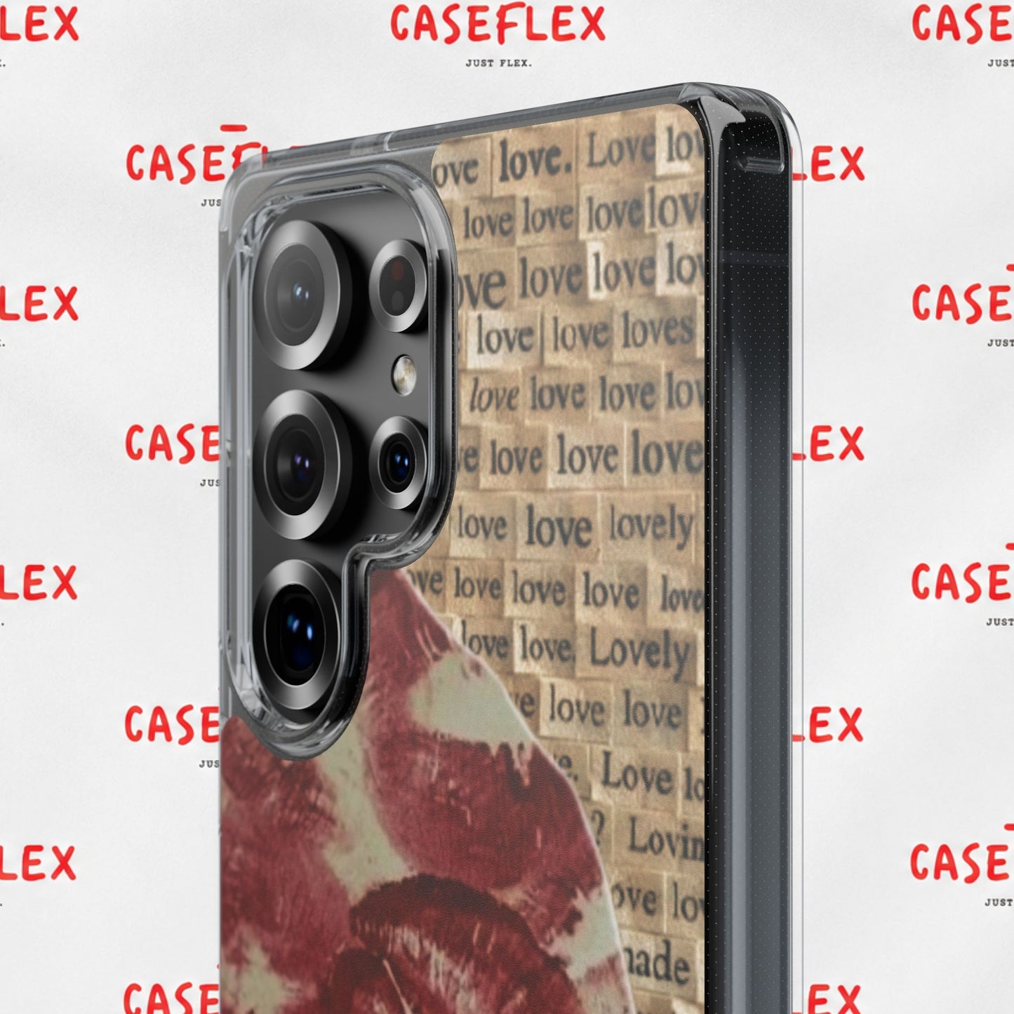 Phone Case — Vintage Red Kiss Lip Print with "love" Typewriter Background