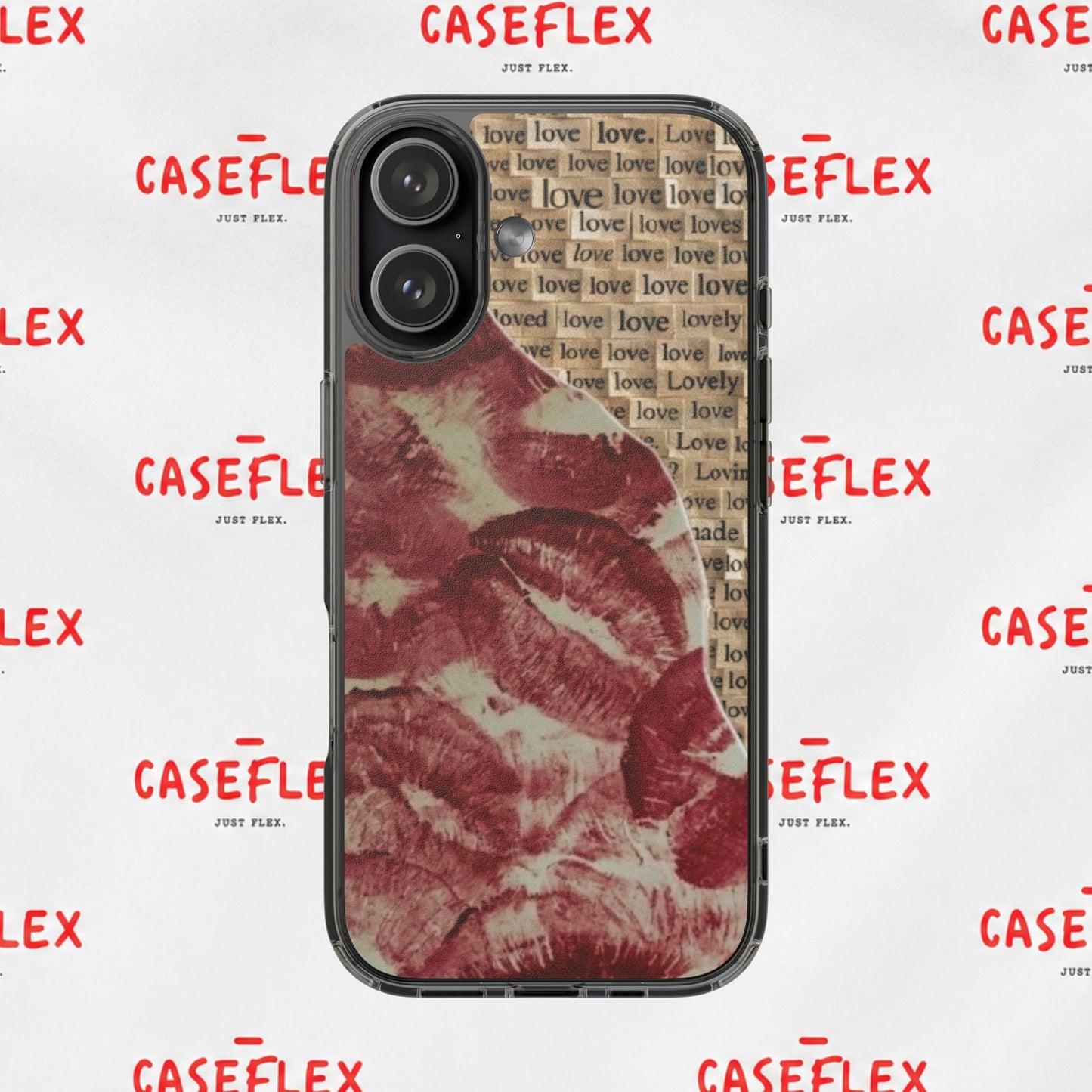 Phone Case — Vintage Red Kiss Lip Print with "love" Typewriter Background
