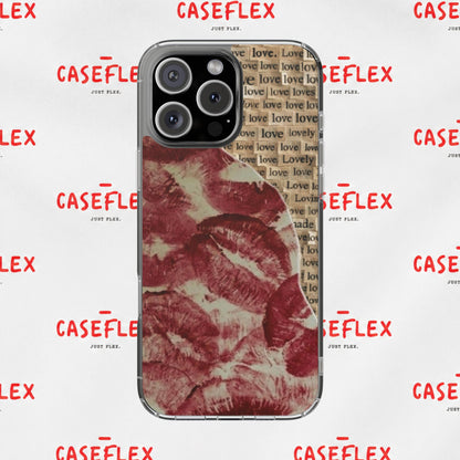 Phone Case — Vintage Red Kiss Lip Print with "love" Typewriter Background