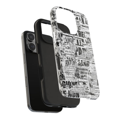 Newspaper Collage Tough Phone Case — Vintage Black & White Typography Protective Cover