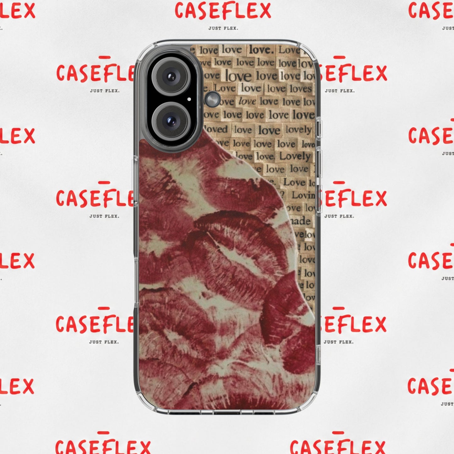 Phone Case — Vintage Red Kiss Lip Print with "love" Typewriter Background