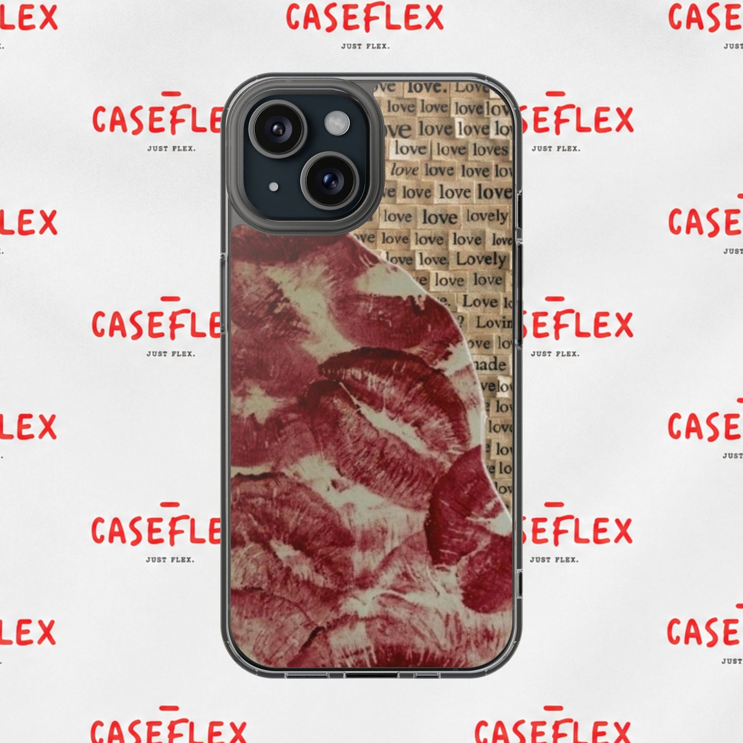 Phone Case — Vintage Red Kiss Lip Print with "love" Typewriter Background