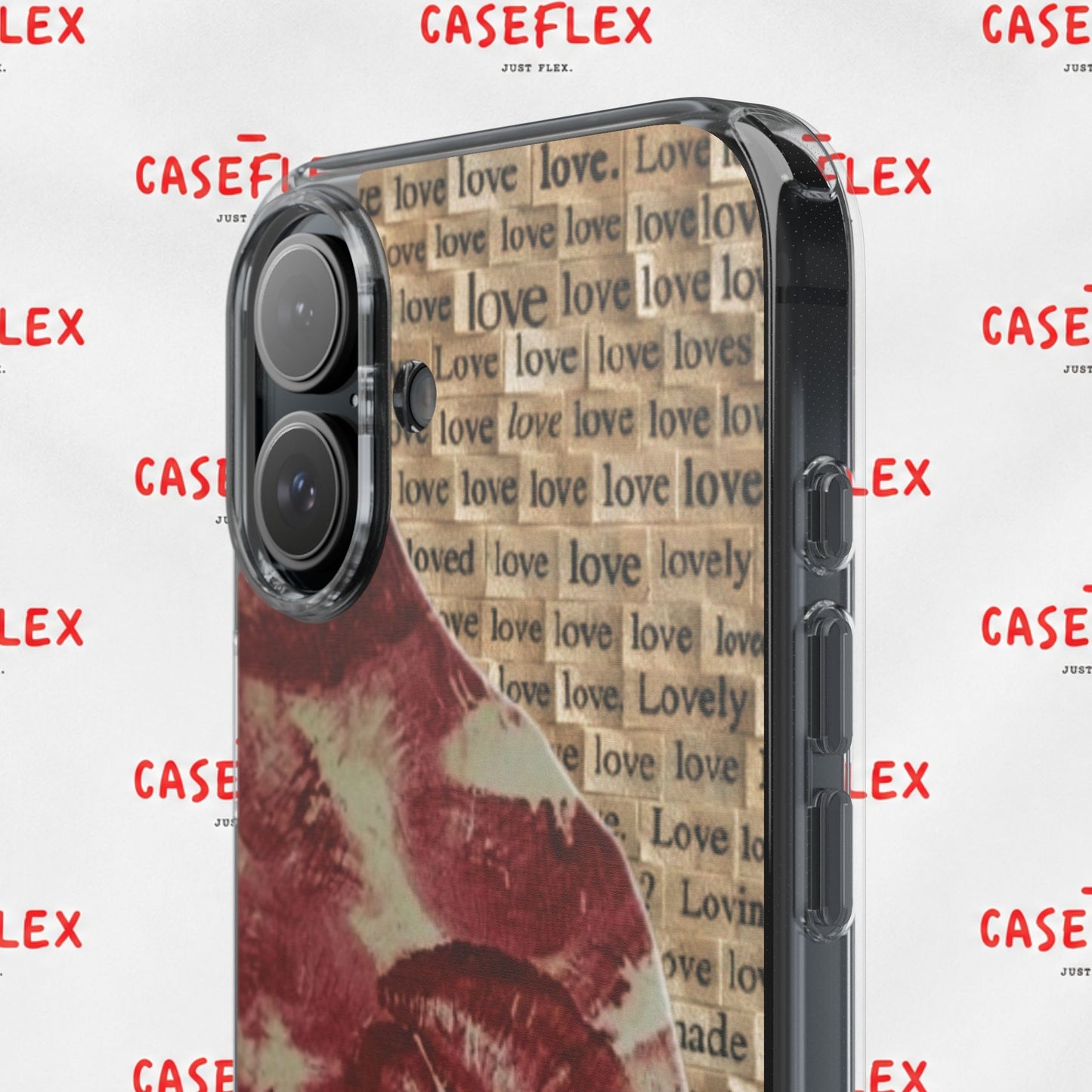 Phone Case — Vintage Red Kiss Lip Print with "love" Typewriter Background