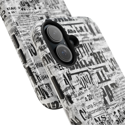 Newspaper Collage Tough Phone Case — Vintage Black & White Typography Protective Cover