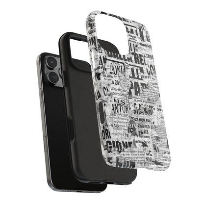 Newspaper Collage Tough Phone Case — Vintage Black & White Typography Protective Cover