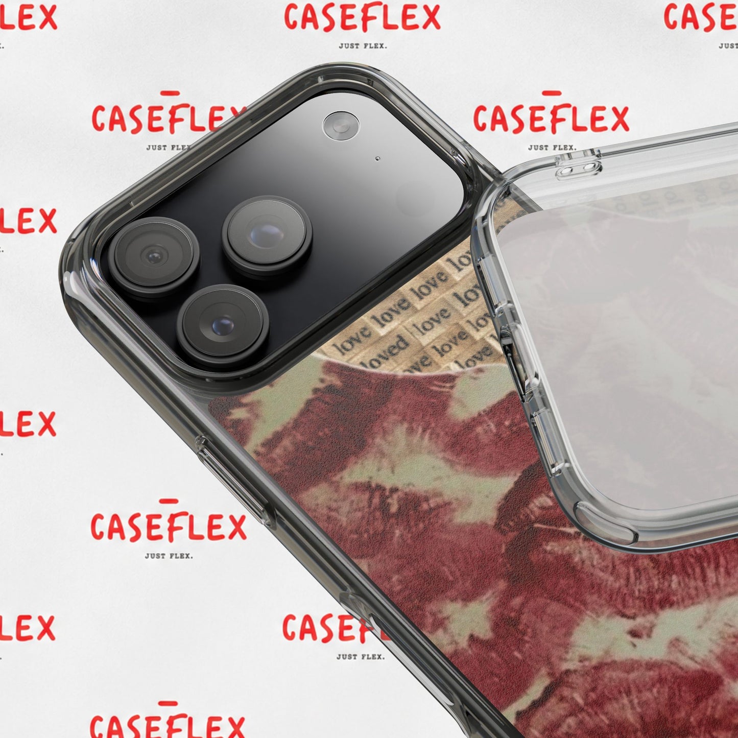 Phone Case — Vintage Red Kiss Lip Print with "love" Typewriter Background