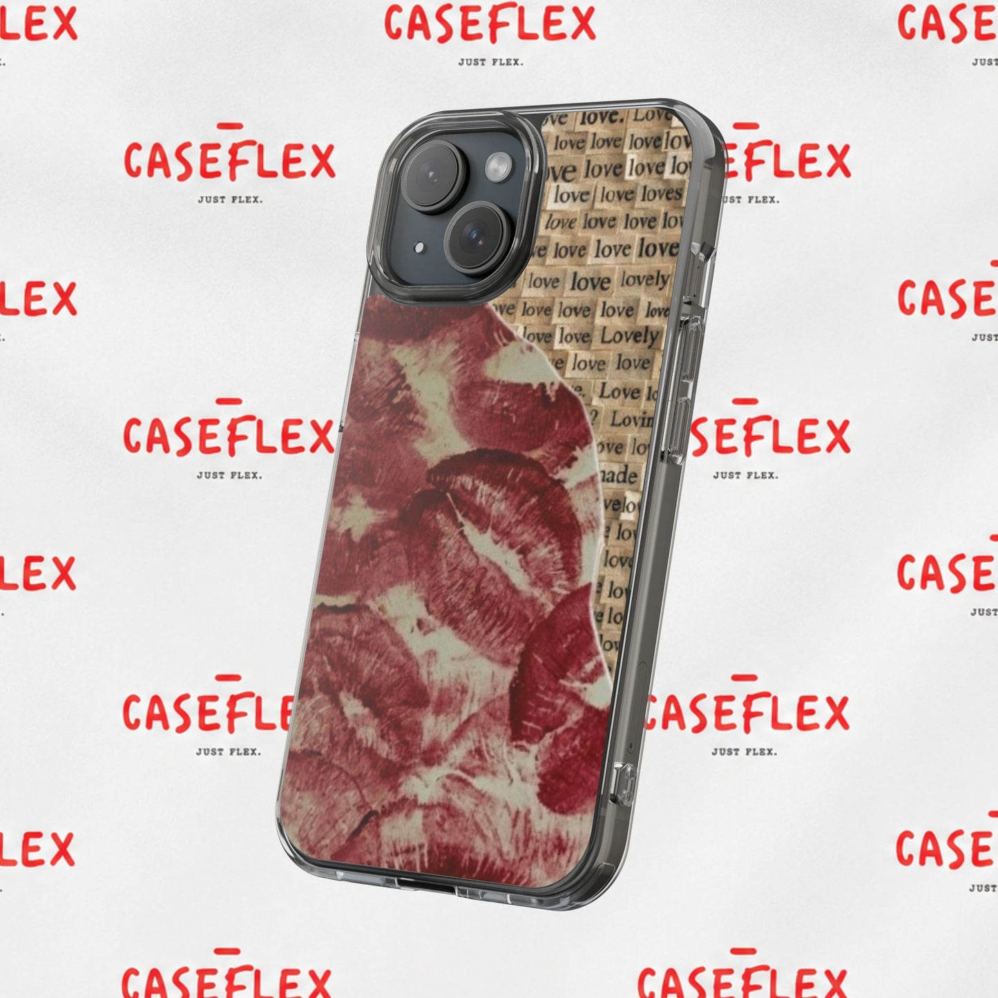 Phone Case — Vintage Red Kiss Lip Print with "love" Typewriter Background