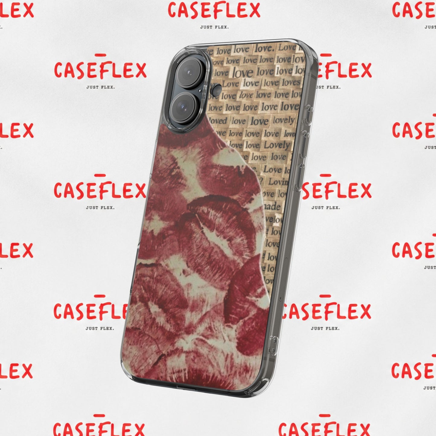 Phone Case — Vintage Red Kiss Lip Print with "love" Typewriter Background
